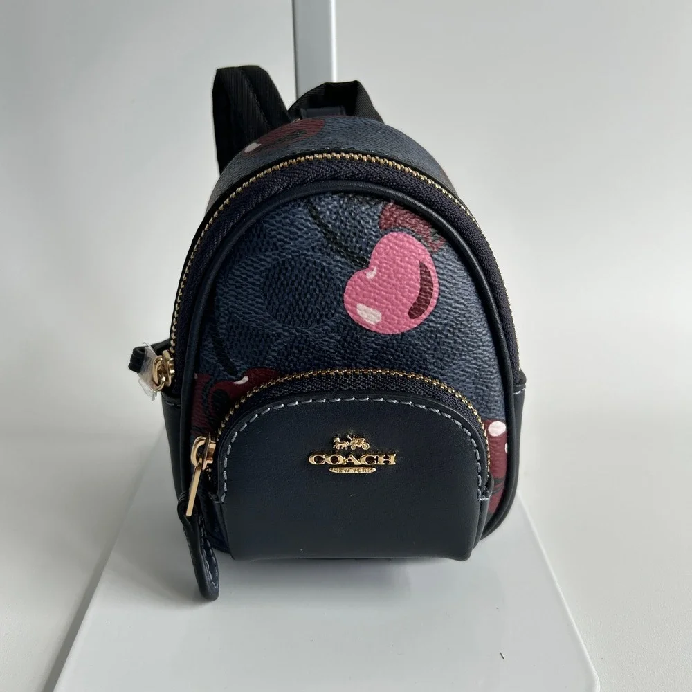 Coach Mini Court Midnight Navy Cherry Signature Canvas Backpack Bag Charm CZ096